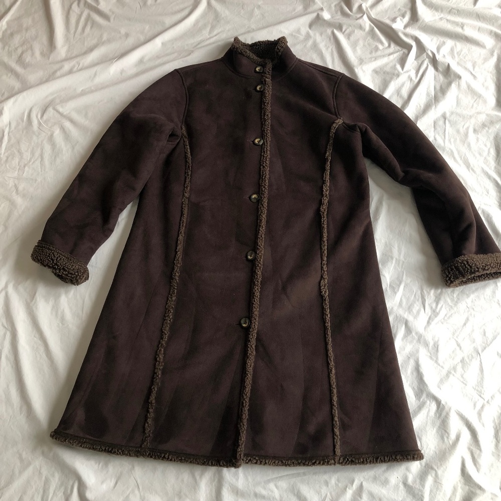 LL Bean Jacket Sherpa Lined Faux Suede Shearling Mid Length Black Coat Woman’s M